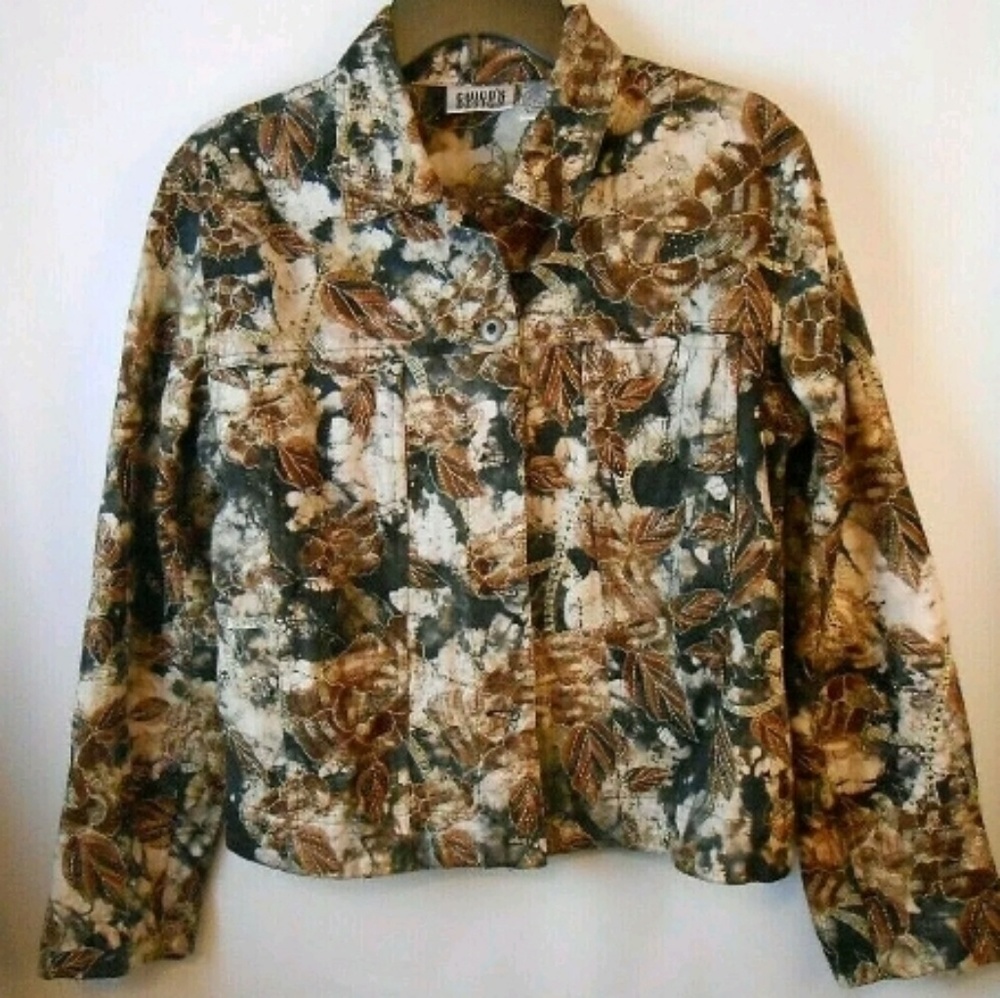 Chico's 1 Rose Floral Tie Dye Jean Jacket Small